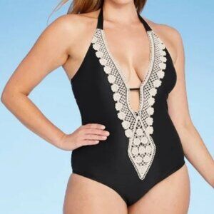 Kona Sol Swimsuit Black XL Womens One Piece Embroidered Deep Plunge Bathing Suit